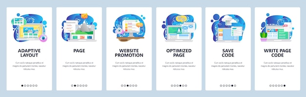 Mobile app onboarding screens Web software development adaptive coding optimization Menu vector banner template for website and mobile development Site design flat illustration