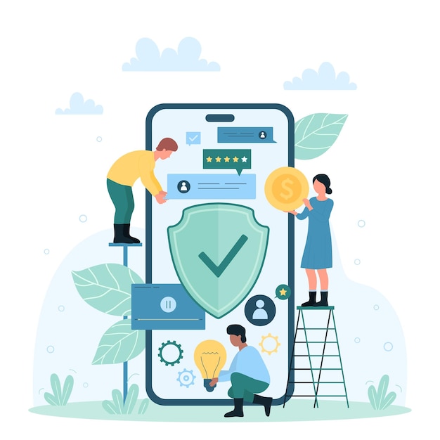 mobile app safety cybersecurity tiny people protect data privacy with safe shield