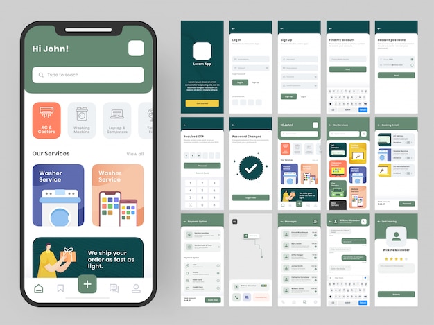 mobile app ui kit with different gui layout including log in, sign up, create account, technical items detail, delivery service and payment screens.