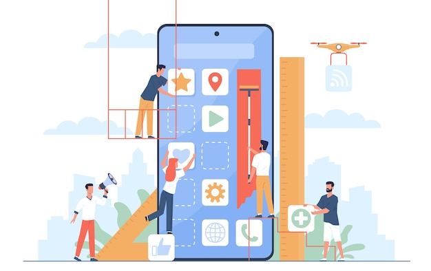 Mobile application build UI designers and programmers group create new phone software digital developers app construction huge smartphone and little people vector isolated concept
