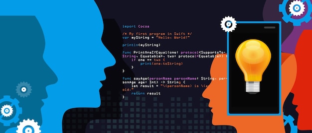 mobile application programming language code smart phone head and idea