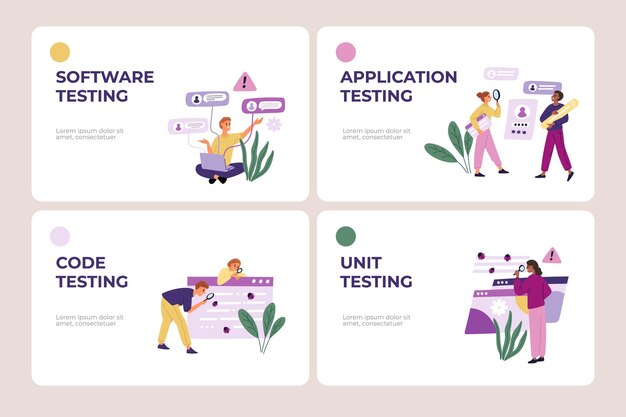 Mobile application testing Landing page Checking program code for errors App software People looking for digital bugs IT specialists Website design template Garish vector set