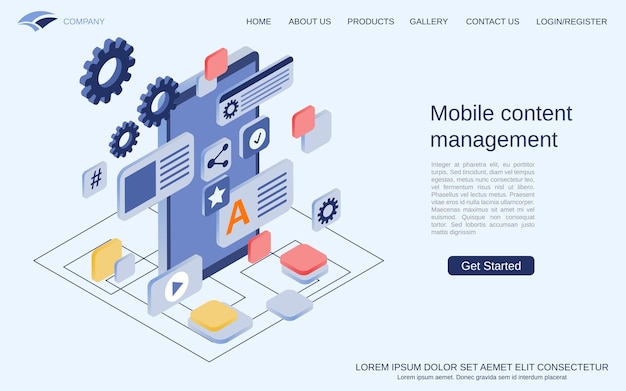 mobile content management cms development flat 3d isometric vector concept illustration