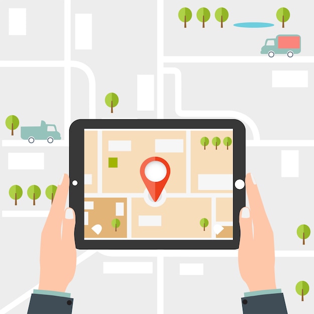Mobile gps navigation. Man holding a tablet