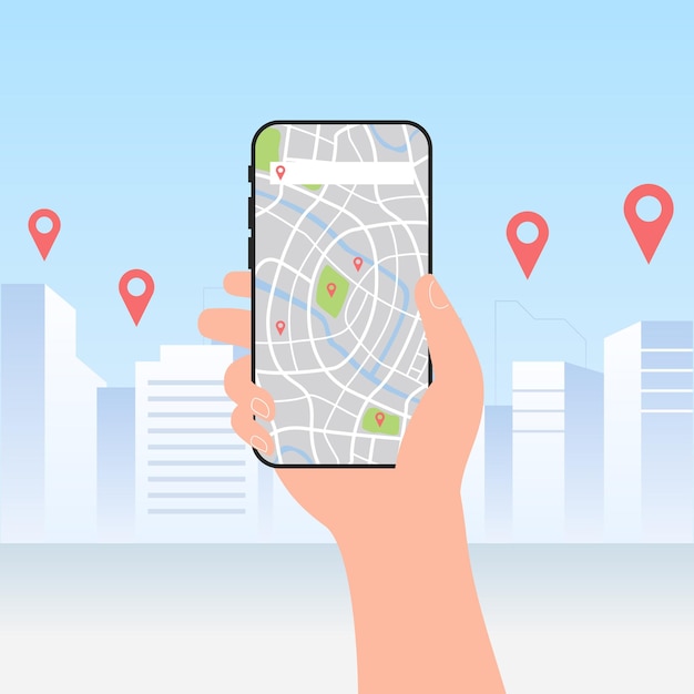 Mobile map tracking location track app on smartphone with city background