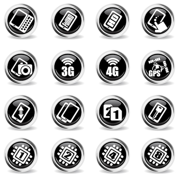 Mobile or cell phone symbol on round black button with metal ring