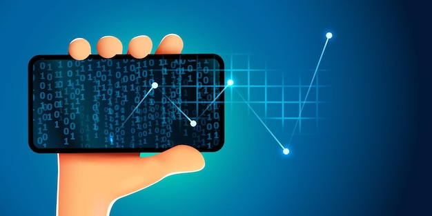 Mobile technology concept market trend graphs analysis on smartphone hand holds phone infographic