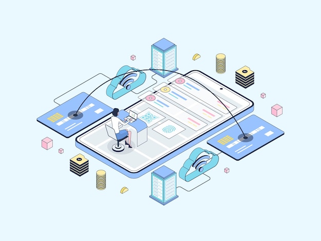 Mobile Transfer Isometric Illustration Lineal Color. Suitable for Mobile App, Website, Banner, Diagrams, Infographics, and Other Graphic Assets.