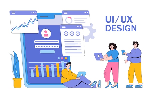 Mobile UIUX development design concept with characters Digital industry mobile app innovation and technologies Modern flat style for landing page web banner infographics hero images