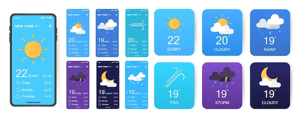 Mobile weather app interface design GUI elements for weather forecast mobile app Realistic phone Temperature weather condition user interface generator Ui ux toolkit vector illustration