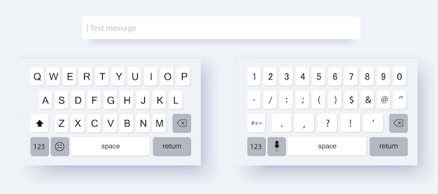 Mock up light keyboard of smartphone Set of vector mobile keyboards full set Alphabet and numerals buttons in modern style Compact virtual keyboard for mobile device Vector illustration