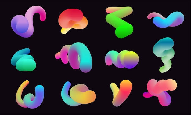 Modern 3d shapes collection isolated on black background Fluid gradient blend vector