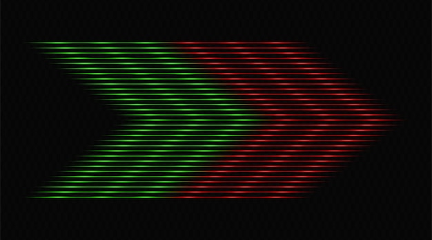 Modern abstract arrows moving at high speed Technology movement Colorful dynamic movement Abstract red and green neon lines arranged in a zigzag formation on a dark background