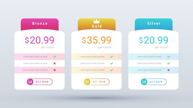 modern and clean pricing table plan with vibrant gradient color for web and mobile application.
