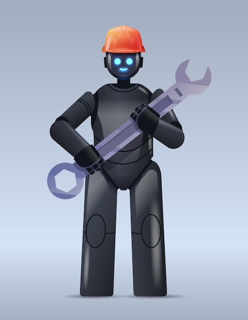 modern black robot in helmet holding wrench repair service artificial intelligence 