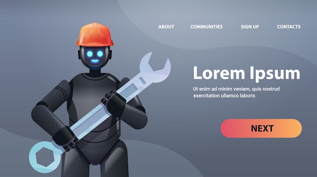 modern black robot in helmet holding wrench repair service artificial intelligence 
