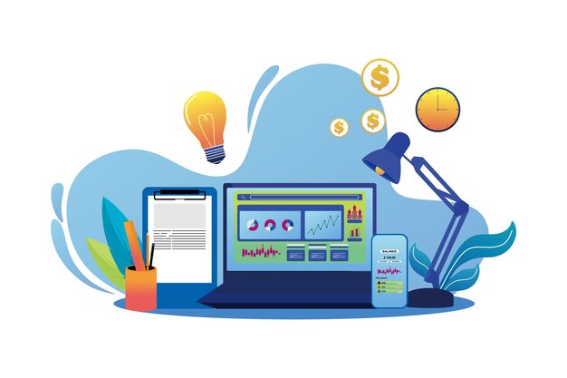 modern business workspace with financial analysis and planning background elements vector