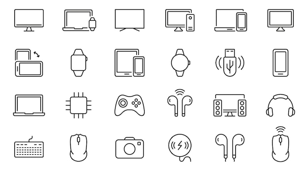 modern electronic wireless equipment line icon set pc computer monitor smartphone camera