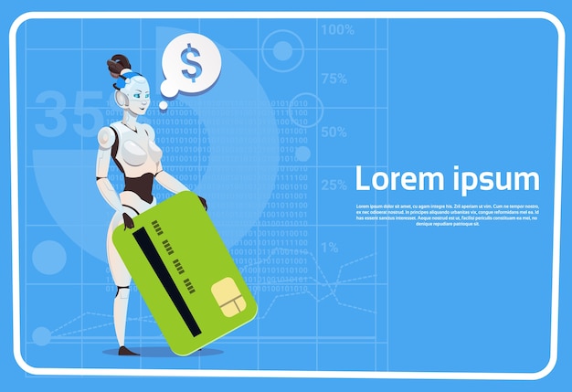 Modern Female Robot Hold Credit Card 