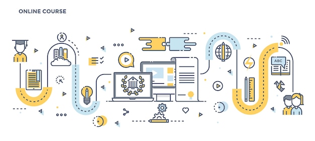 modern flat line color illustration of online course