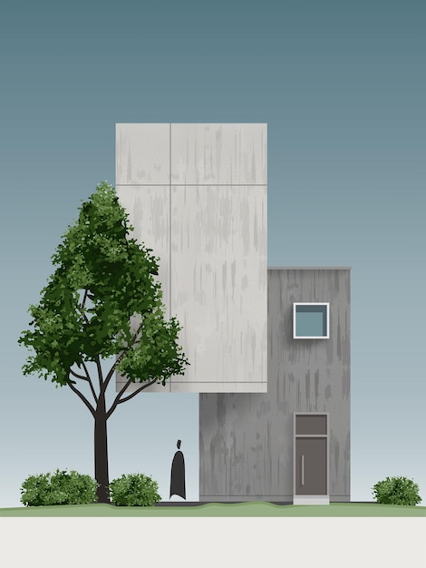modern house 3d illustration vector house exterior in minimal style with green tree