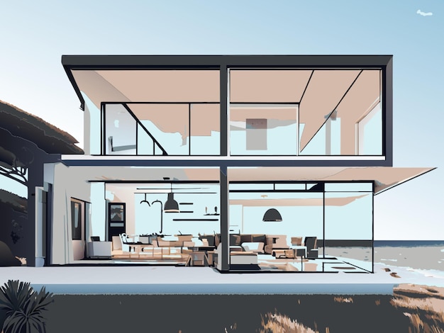 modern house with a huge veranda on the beach in 3d vector illustration flat 2