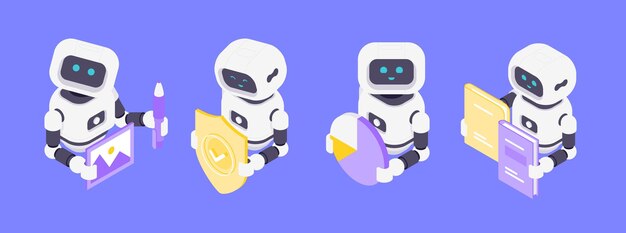 Modern Isometric AI Robots Visual Data Security Analytics And Language Processing Technology
