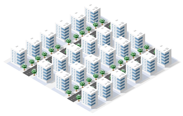 modern isometric city center with skyscrapers roads and trees covered in snow during winter
