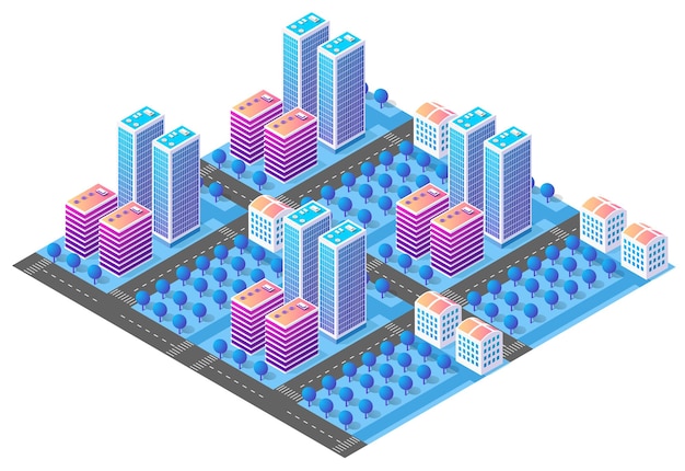 Modern isometric city with colorful buildings showing urban life