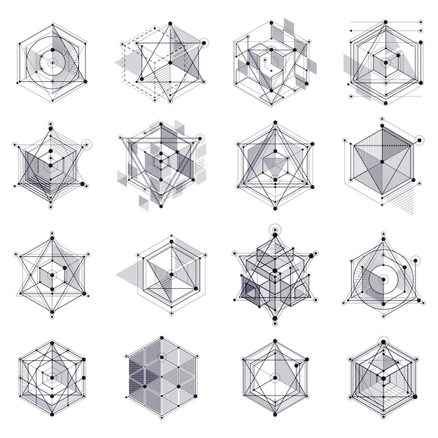 Modern isometric vector abstract black and white backgrounds set with geometric element Layout of cubes hexagons squares rectangles and different abstract elements