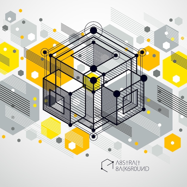 modern isometric vector abstract yellow background with geometric element. layout of cubes, hexagons, squares, rectangles and different abstract elements.