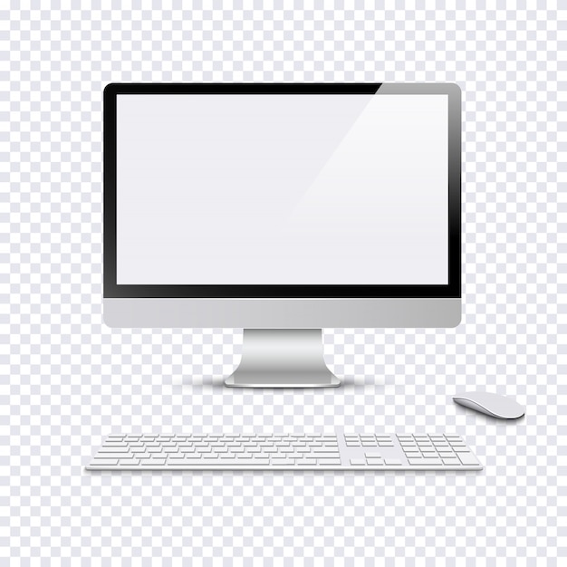 Modern monitor with keyboard and computer mouse on transparent background