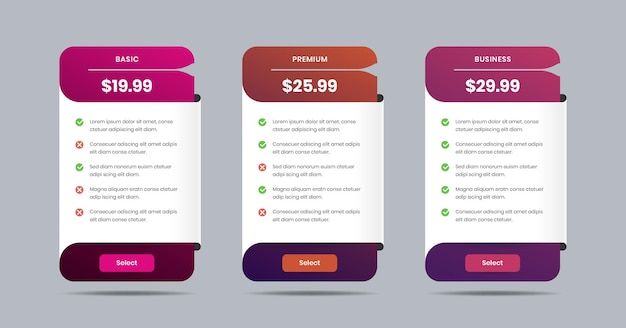 Modern pricing comparison table for product or business service subscriptions