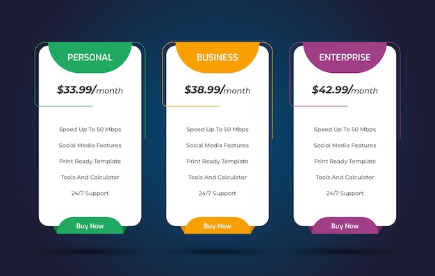 Modern pricing table design with colorful subscription plans Hosting table banner Colorful Pricing