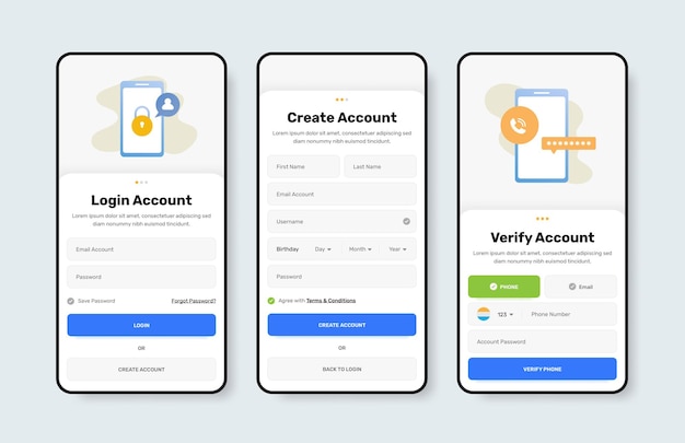 modern professional account registration app interface form with minimalist illustration