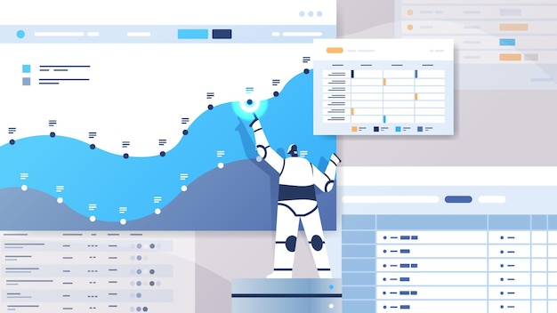 modern robot analyzing statistics graph financial data analyzing artificial intelligence technology concept full length horizontal vector illustration