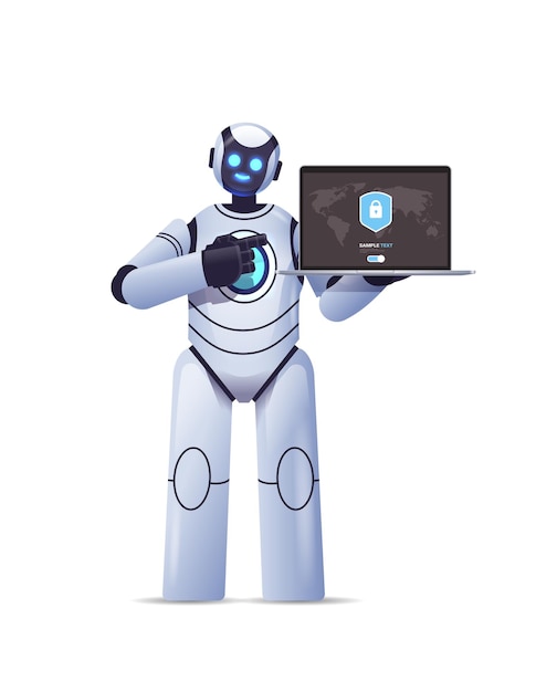 modern robot cyborg holding laptop with protection shield cyber security data protection artificial intelligence technology