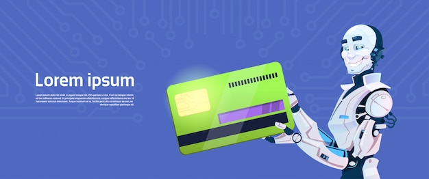 Modern Robot Hold Credit Card Mobile Payment, Futuristic Artificial Intelligence Mechanism Technology