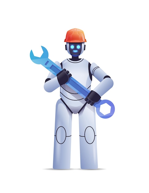 modern robot in helmet holding wrench repair service artificial intelligence