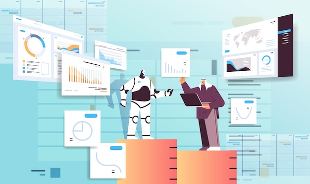 modern robot with arab businessman analyzing statistics graphs and charts financial data analyzing artificial intelligence technology concept full length horizontal vector illustration