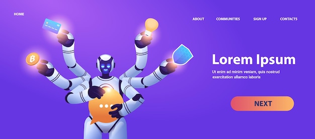 modern robot with many hands multitasking robotic character artificial intelligence