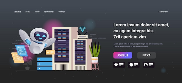 modern robot working in data center room hosting server computer monitoring information database artificial intelligence concept horizontal copy space vector illustration