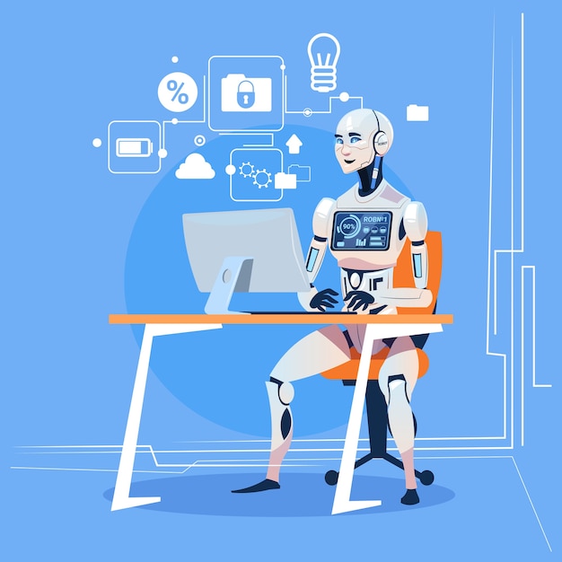 modern robot working with computer fixing errors 