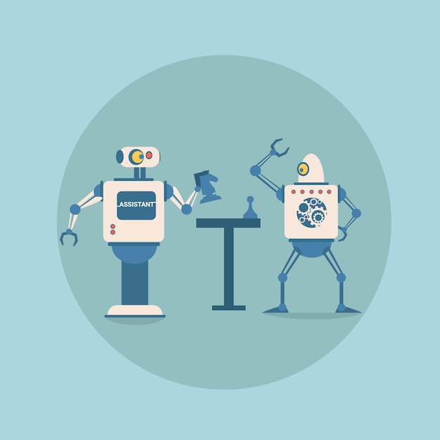 Modern Robots Playing Chess Futuristic Artificial Intelligence Mechanism Technology