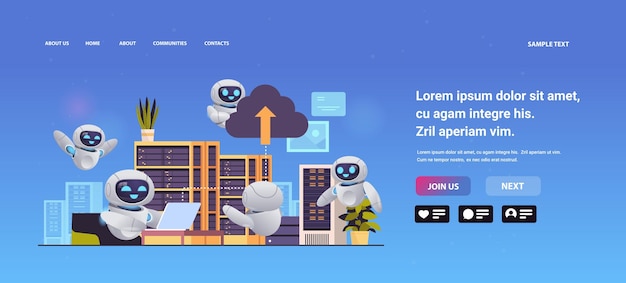 Modern robots working in data center room hosting server computer monitoring information database artificial intelligence