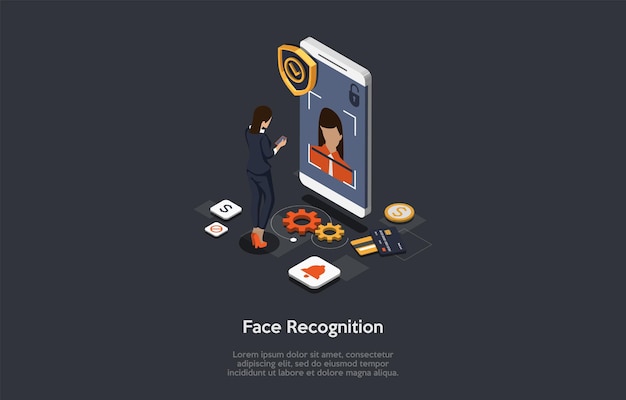 Modern Technology, Device Unlock, Face Recognition, Face Unlock Concept. Female Character Gets Access To Functions And Settings On Smartphone Using Face Recognition.