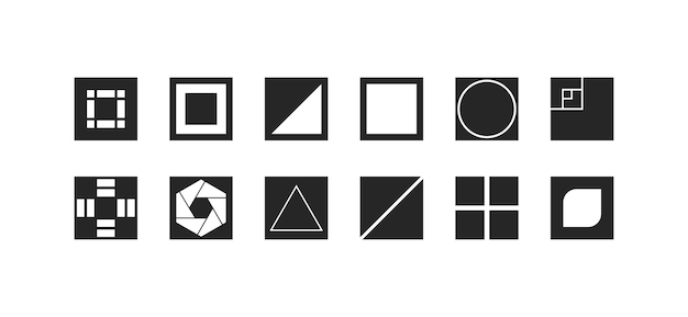 Modern vector set featuring abstract geometric shapes and square icons