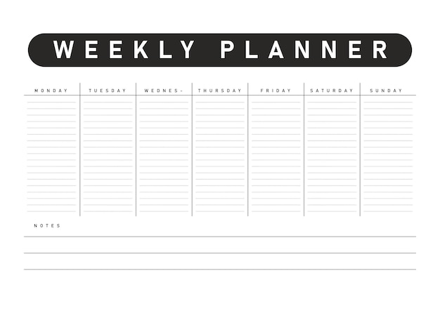 Modern weekly planner template with a black header and a clean white background featuring lined sections for each day of the week and a notes section for additional information