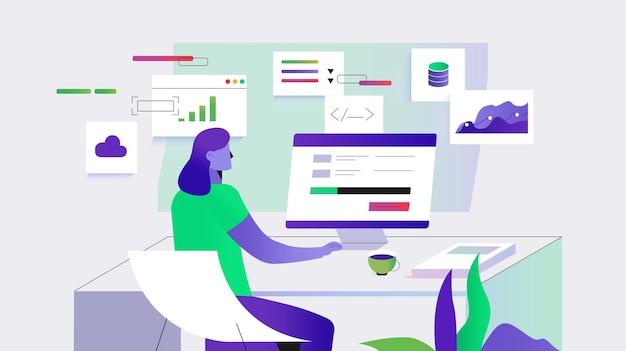 Modern Workspace with Coding Data Analysis and Cloud Technology Elements Design