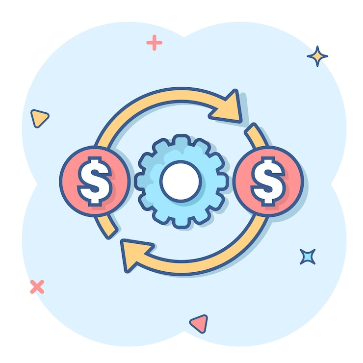 Vector money optimization icon in comic style gear effective cartoon vector illustration on white isolated background finance process splash effect business concept
